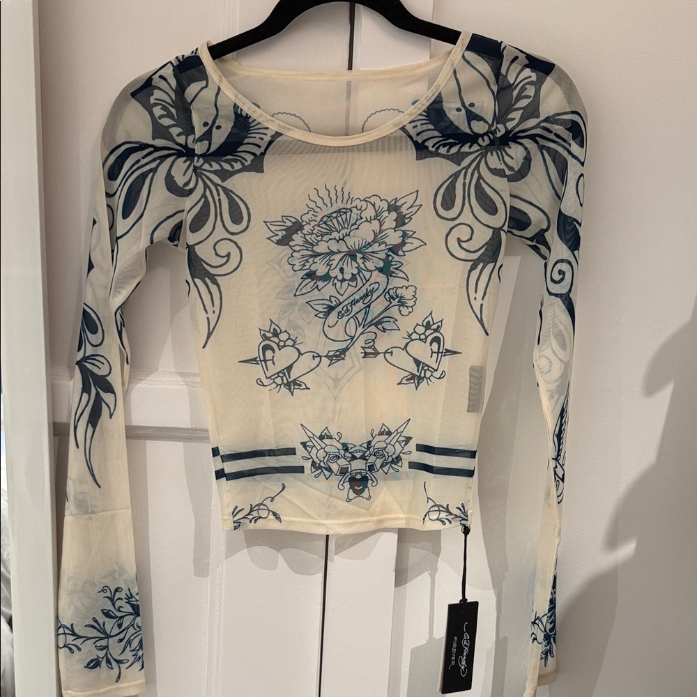 Ed Hardy Sheer Floral Long Sleeve Top - Blue and Cream
